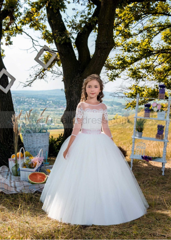 White Lace Tulle Keyhole Back Romantic Flower Girl Dress